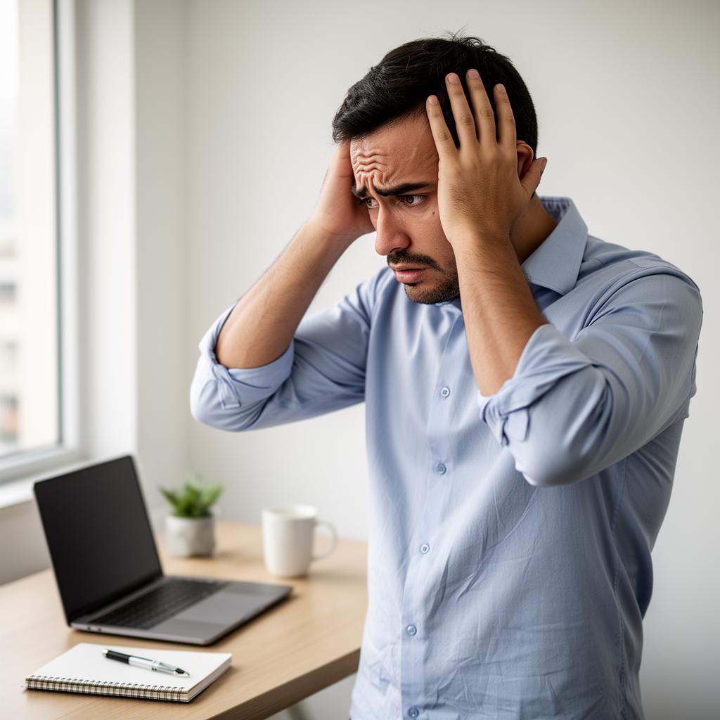 Profissional preocupado no escritório, sem saber como atrair clientes
