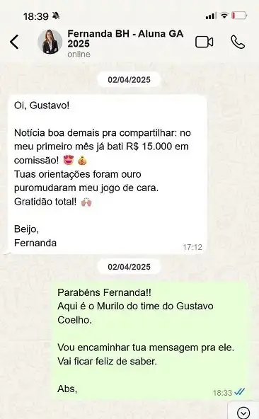 Print do WhatsApp da aluna Fernanda